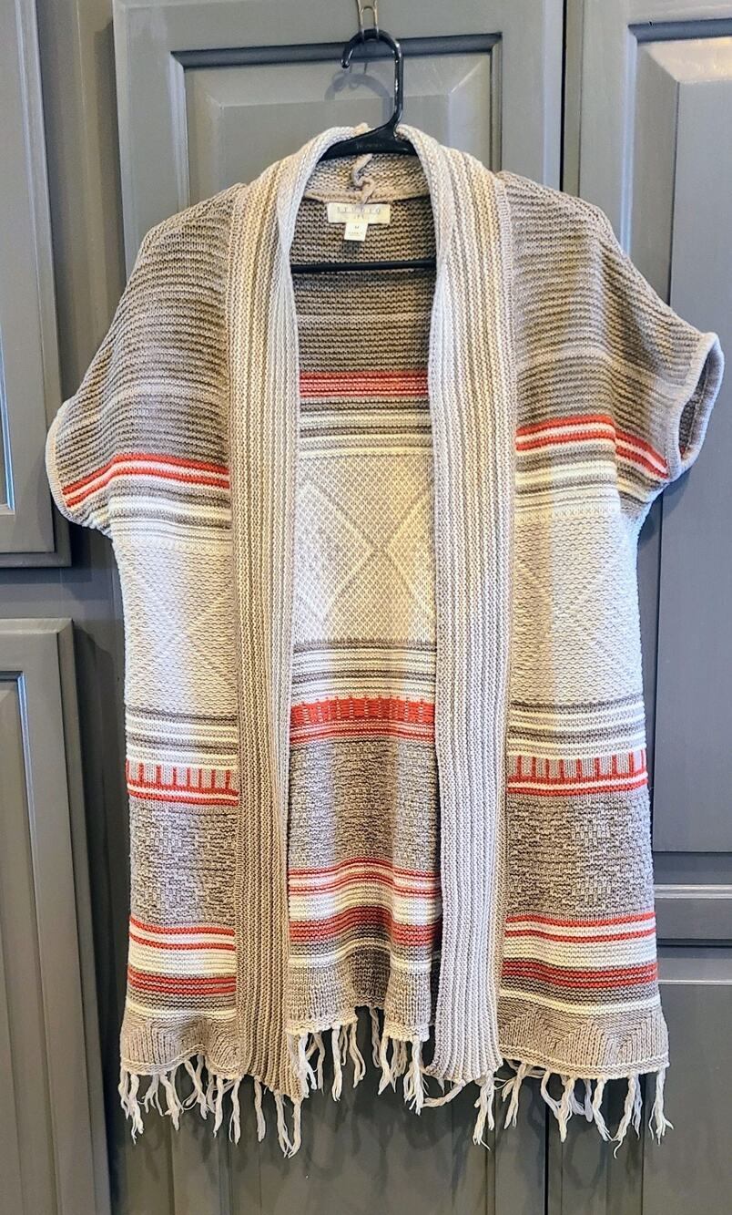Studio JPR Women's Knitted Cardigan Sweater Short Sleeves Medium Red Brown Cream